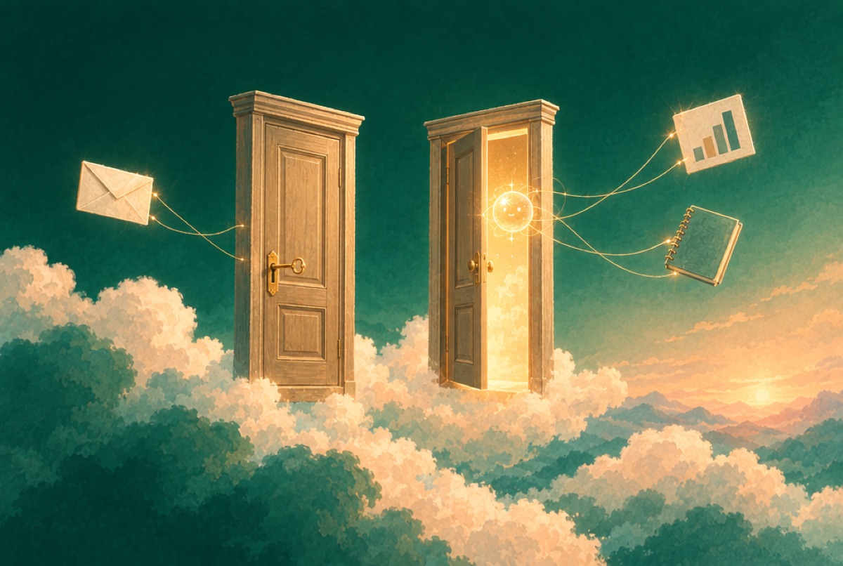 Two doors in the sky: one locked with a brass key, one open with an agent's light inside