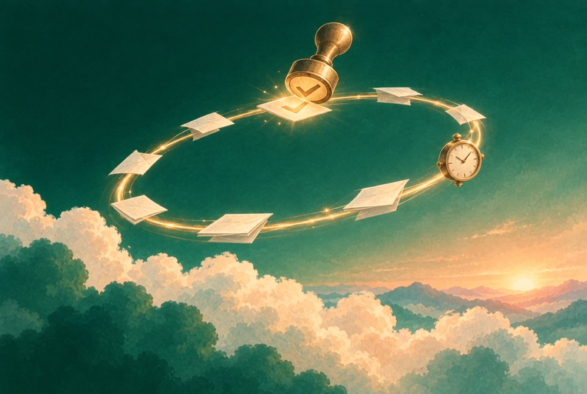 Cards travelling around a golden loop, stamped by a check at the top