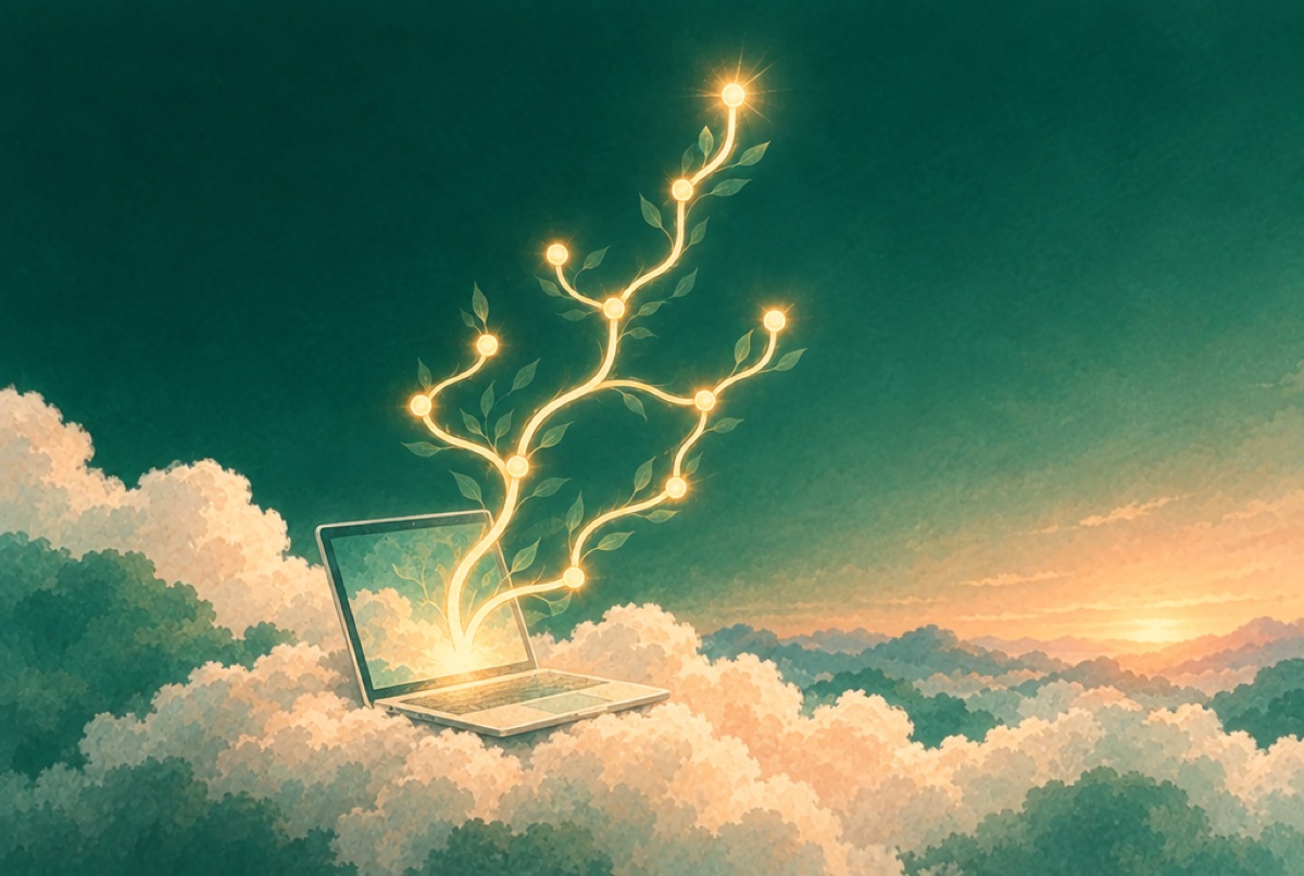 A branching vine of light growing out of a laptop, like a git history